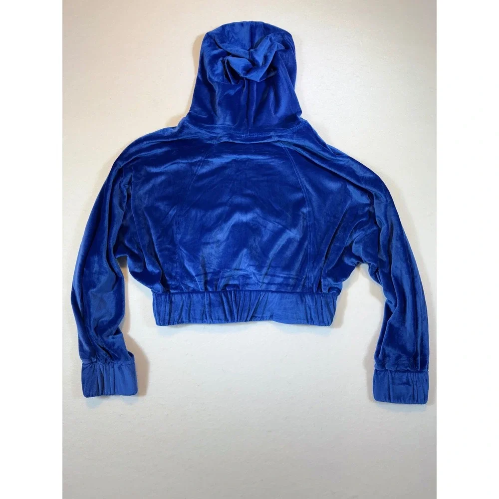 KYOYO Blue Velour Zip Up Hoodie Crop Top Jacket Soft Cozy 4-Way Stretch - Picture 2 of 3